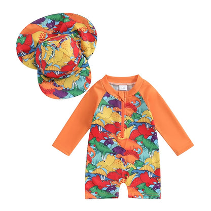 Baby Boy Swimming Suit Baby Swimsuit 3 6 12 18 24M 2T 3T Infant Toddler Boys Swimwear Zipper Long Sleeve Rash Guard with Hat