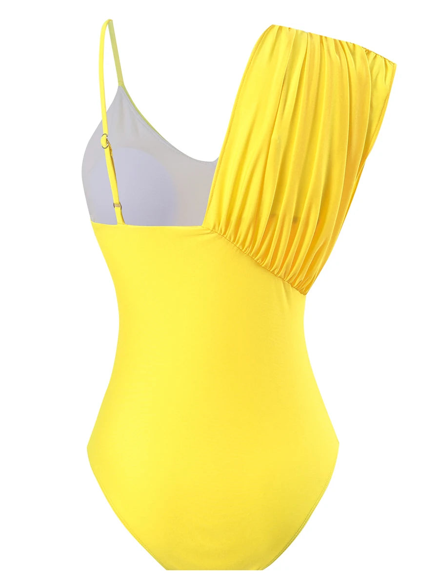 Solid Asymmetric Swimsuit Women One Piece Yellow Swimwear Female Beachwear Bathers Bathing Swimming Swim Suit