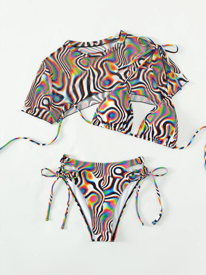 Short Sleeve 3 Piece Bikini Set with Mesh Cover Up Top Print Push Up Women Swimsuit Hollow Out  High Waist Bathing Suit Swimwear