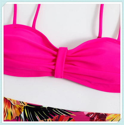 Solid Bandeau Bikini Set Women Tropical Printed Swimwear Female Push Up Swimsuit High Waist Bathing Suit Tie Back Beachwear