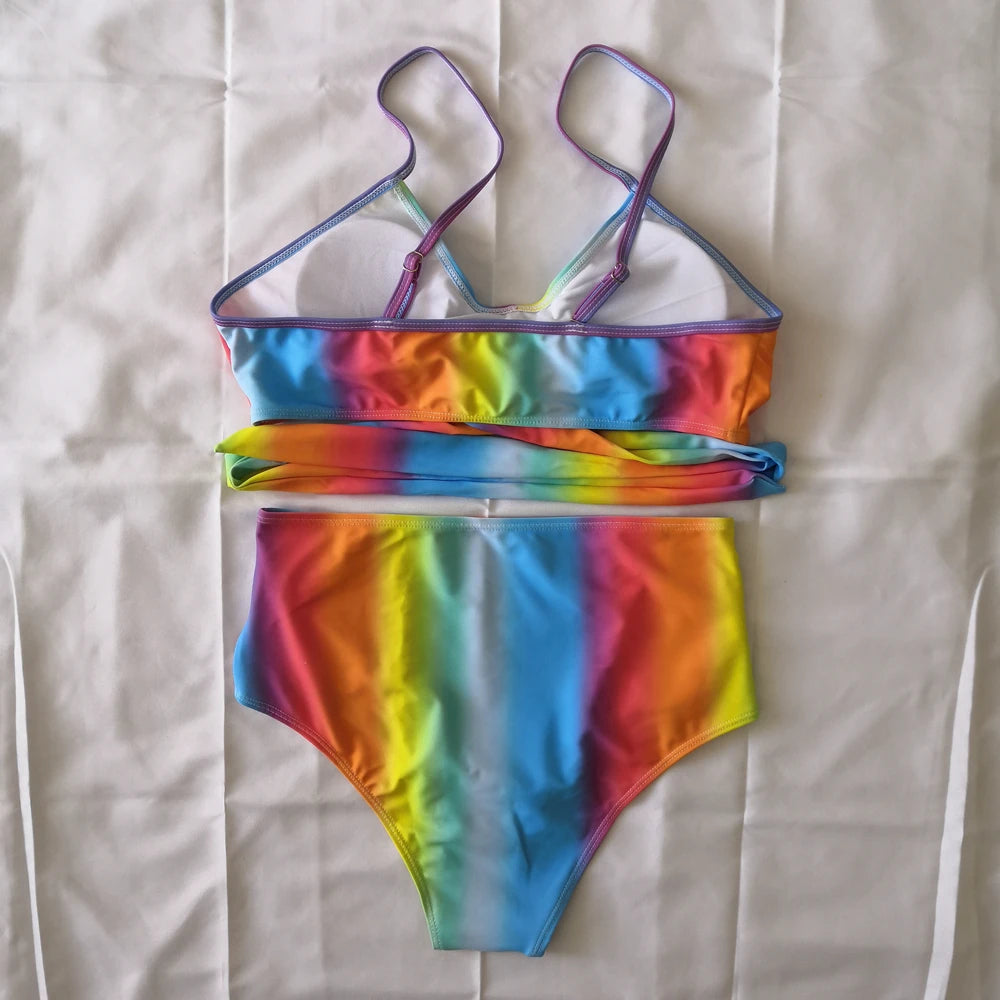 Bikini Two Piece Suit Cross Front Slim High Waisted Bottom Solid/Print Breathable Quick Drying Beachwear