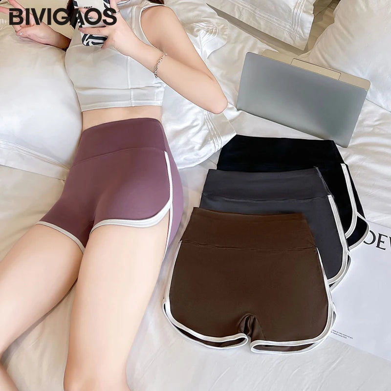 White Edge Sharkskin  Feel Mini Shorts Women High Waist Tight Sports Running Shorts Fitness Yoga Shorts