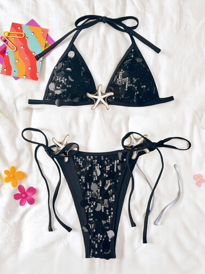 Shiny Sequin Black Micro Bikini Women Starfish Push Up Bra Holiday Swimsuit Beach Bathing Suit Tie Side Thong Swimwear