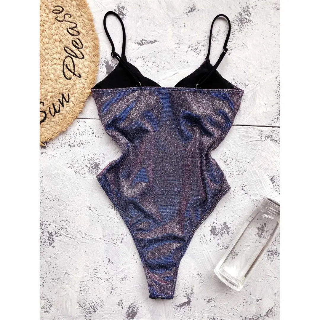 S - XL V Neck High Cut One Piece Swimsuit Women Swimwear Female Bather Shiny Glitter Sparkling Bathing Suit Swim