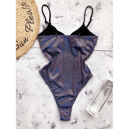 S - XL V Neck High Cut One Piece Swimsuit Women Swimwear Female Bather Shiny Glitter Sparkling Bathing Suit Swim