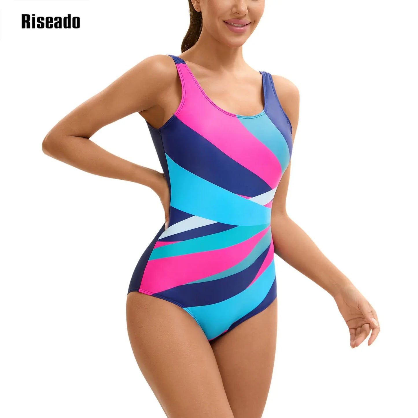 One Piece Swimsuit Athletic Bathing Suits Training Sport Swimwear for Women Color Block Monokini Multicolor