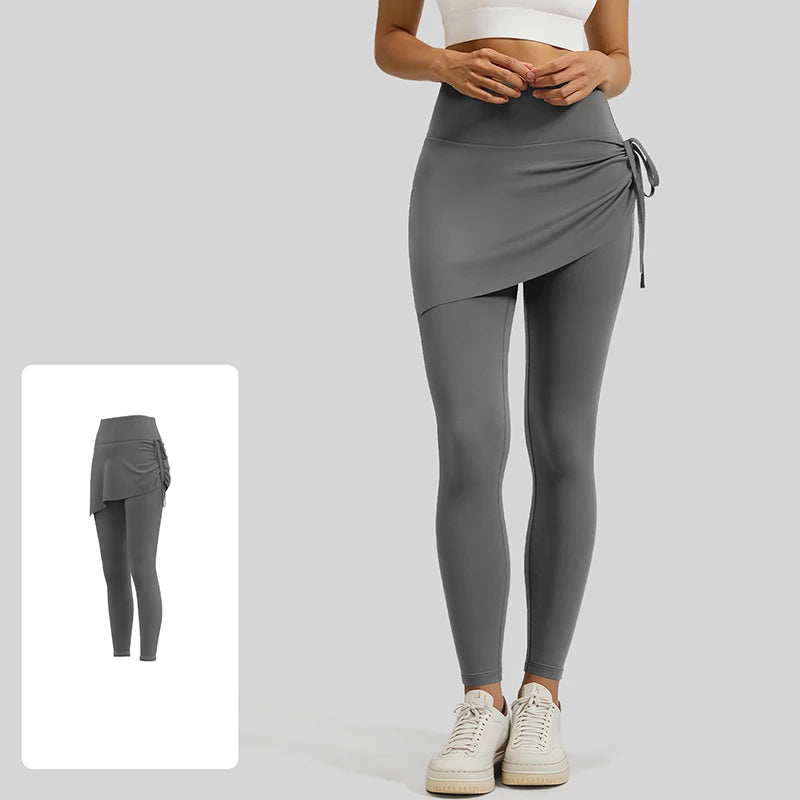 Spring Drawstring Pleated Yoga Leggings Skirt Pants Fake Two Piece Women High Waist Elastic Sports Fitness Leggings