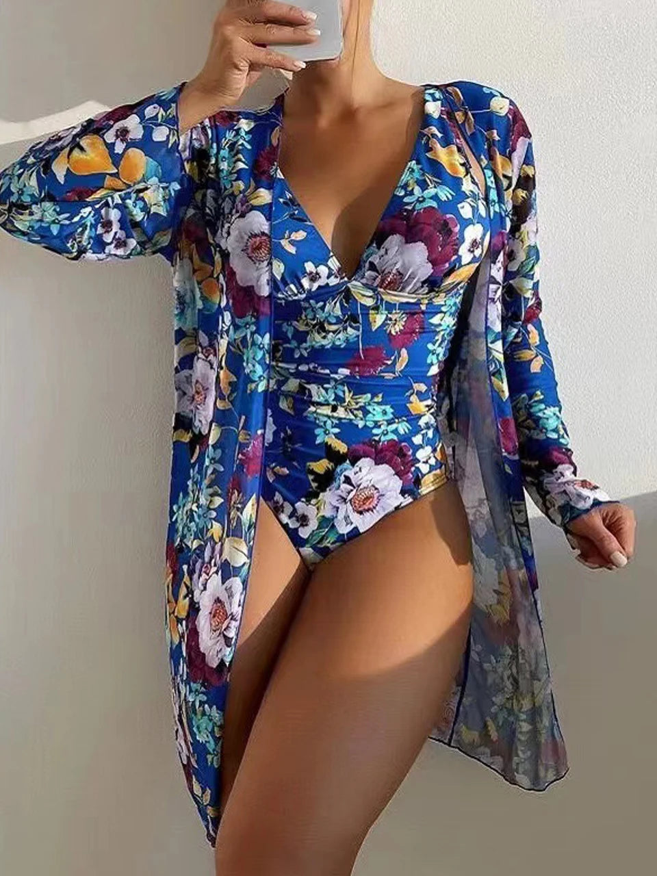 One Piece V-neck Tropical Print Swimsuit With Cover Up Swimwear Women Beach Wear Female Bathing Swimming Swim Suit Summer