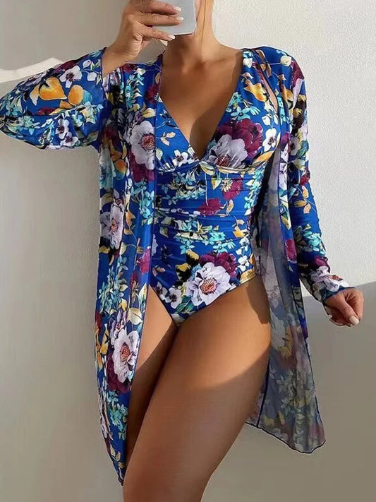 One Piece V-neck Tropical Print Swimsuit With Cover Up Swimwear Women Beach Wear Female Bathing Swimming Swim Suit Summer