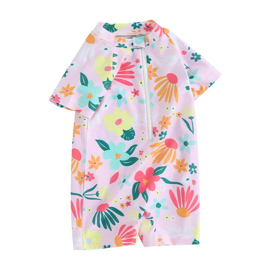 Toddler Girls Rash Guard Swimsuit Rompers Zipper Short Sleeve Floral Print Kids Bathing Suit Baby Swimwear