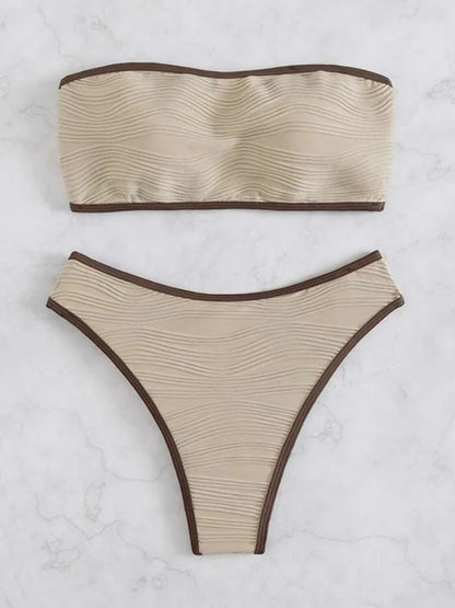 Bandeau High Waist Bikini Women Triangle Swimsuit Stitch Detail Swimwear Padded Bathing Suit Female Solid Beachwear