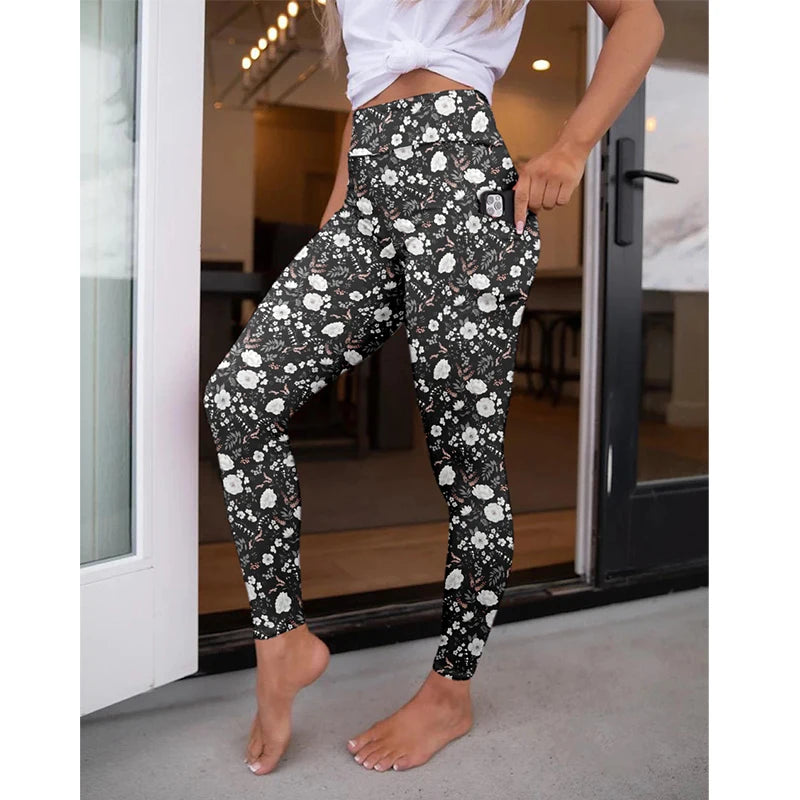 High Waist Women's Fitness Leggings 3D Digital Print Sexy Pocket Elastic Pants Fashionable Gym Trousers