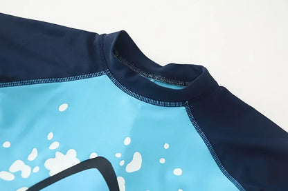 Children's Cartoon Shark Short Sleeve Split Swimwear with Swim Cap, Sun Protection Beach Wear, Baby Boys Swimsuit