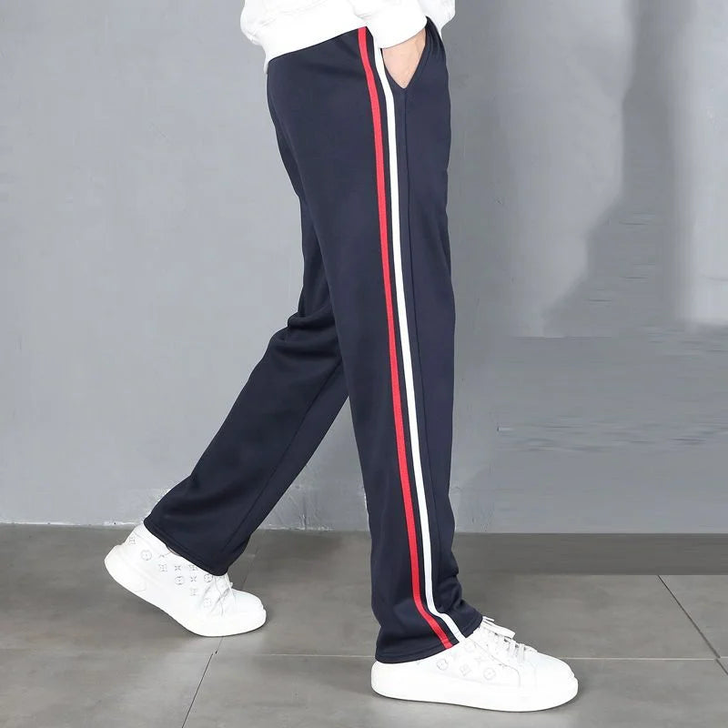 Red White Stripes Casual Sports Pants Solid Elastic Waist Pockets Durable Breathable Straight Trousers