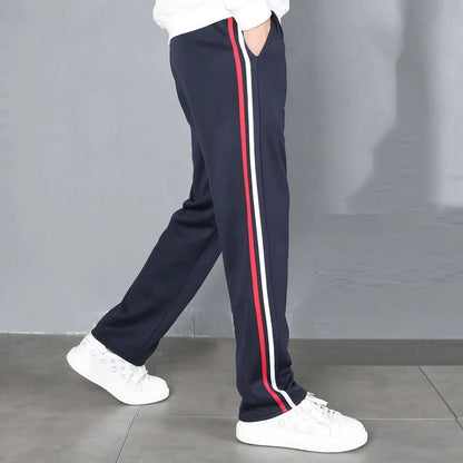 Red White Stripes Casual Sports Pants Solid Elastic Waist Pockets Durable Breathable Straight Trousers