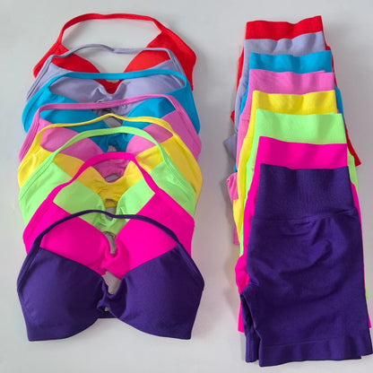 2PCS Gym Set Women Strappy Yoga Bra Top High Waist Workout Scrunch Shorts Sports Suit Seamless Yoga Set Fitness Clothes