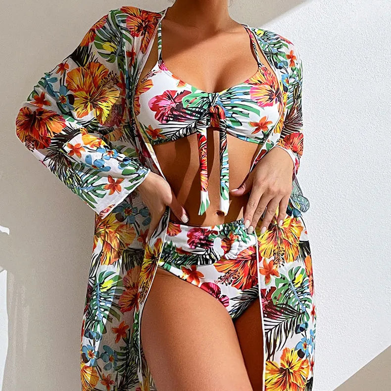Split Three Piece Floral Printed Swimsuit Women Bikini Set Wireless Bra with Pad Sport Top Long sleeve Blouse Swimwear