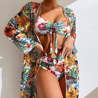 Split Three Piece Floral Printed Swimsuit Women Bikini Set Wireless Bra with Pad Sport Top Long sleeve Blouse Swimwear
