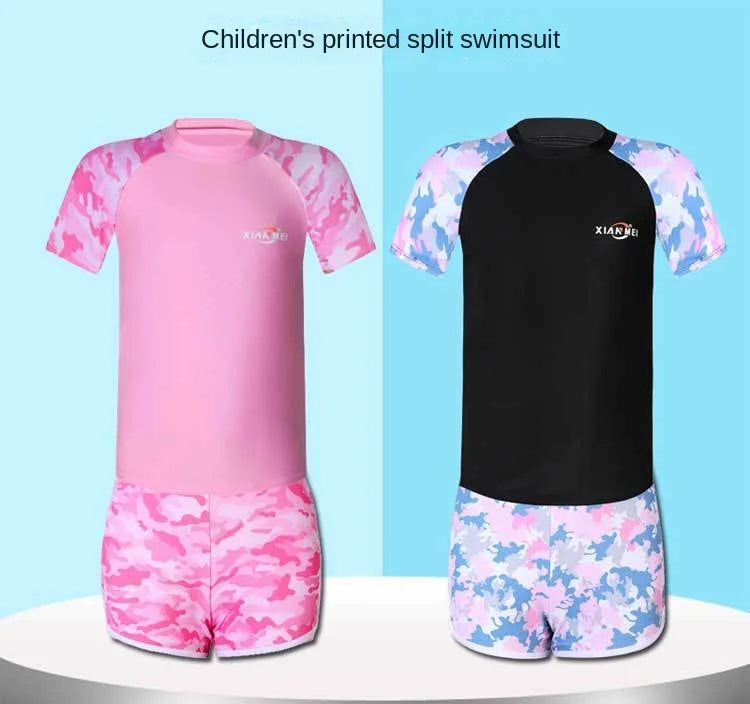 Children's Camouflage Print Swimsuit, Two Pieces Swimsuit, Sports Swimwear, Korean Version, Girls Fashion
