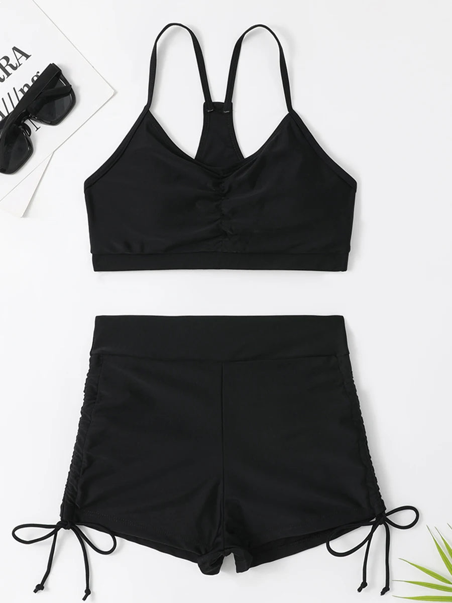 Drawstring Front Shorts Bikinis High Waist Swimsuit Women Swimwear Female Bathers Bathing Swimming Swim Suit Beachwear