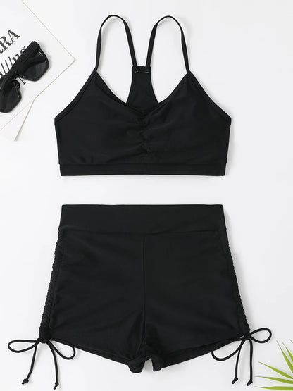 Drawstring Front Shorts Bikinis High Waist Swimsuit Women Swimwear Female Bathers Bathing Swimming Swim Suit Beachwear