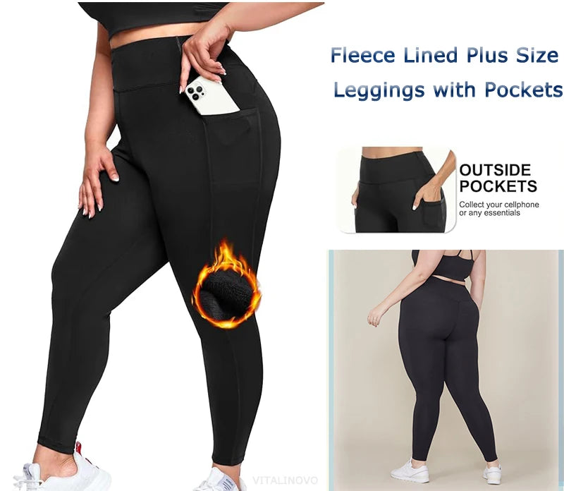 Plus Size Fleece Lined Leggings with Pockets for Women High Waist Winter Tummy Control Thermal Warm Yoga Pants
