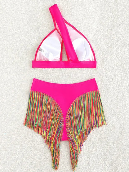 Fringe Tassel One Shoulder High Waist Bikini Women Swimwear Female Swimsuit Two-pieces Bikini Set Hollow Out Bathing Suit Swim