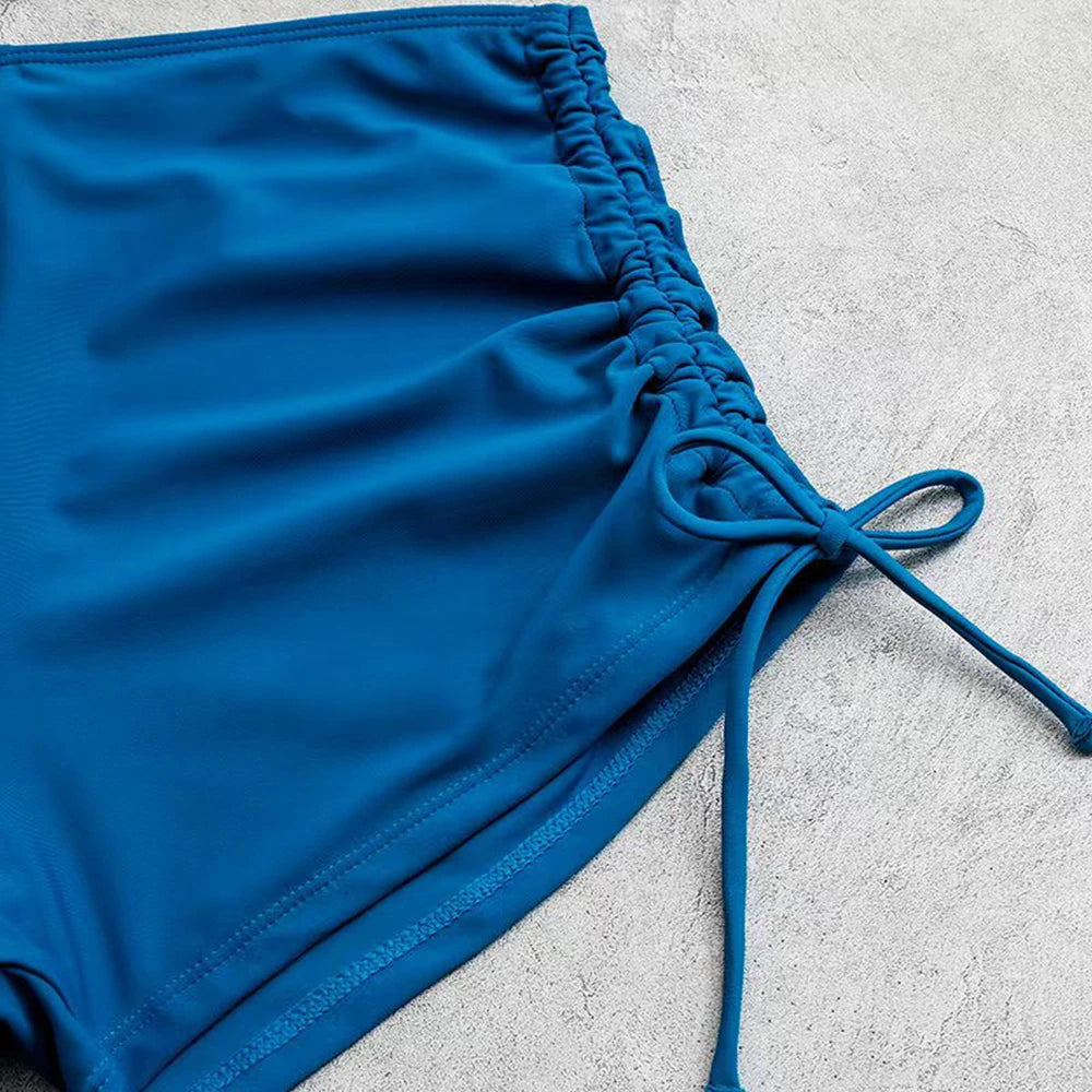 Shell Hard Wrapped Front Tankini Set Women Swimsuit Drawstring Bottom Two-Piece Suit Black/Malachite Blue/Violet