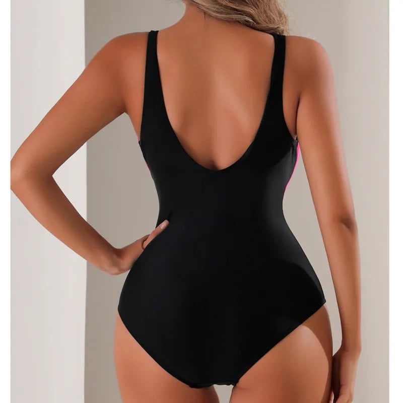 Black & Pink Swimsuits Closed Women's One Piece Swimwear Push Up Swim Wear Bodysuit Bathing Suits Beachwear Pool Bather
