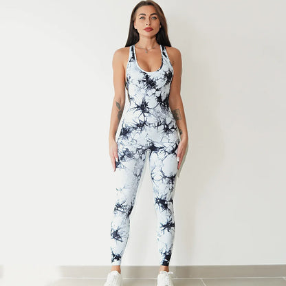 Seamless Tie-Dyed Yoga Jumpsuits Sports Fitness Hip-lifting One-Piece Beauty Back Bodysuits Gym Leggings Tracksuits for Women