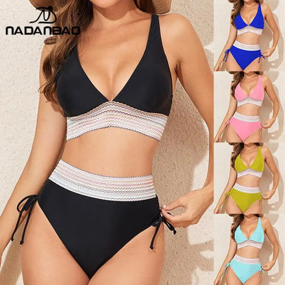 Swimsuit Women Bikinis Patchwork High Waist Swimwear Female Bowknot Drawstring Bikini Set Beachwear Bathing Suit