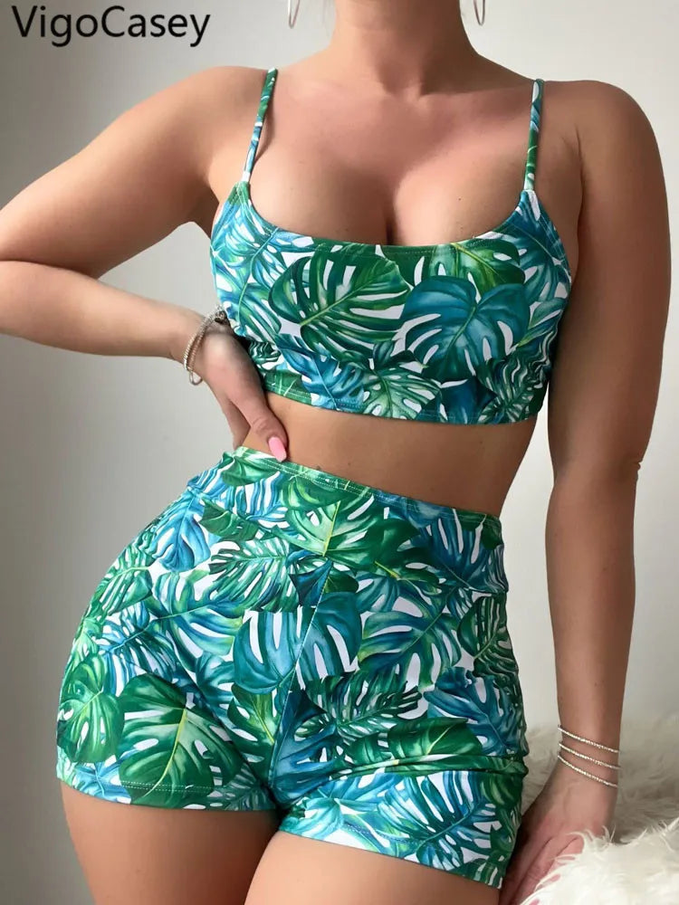 Leaf Print Swimwear Women Strapped Push Up Bikini High Waist Brazilian Swimsuit Lady Beach Summer Bathing Suit