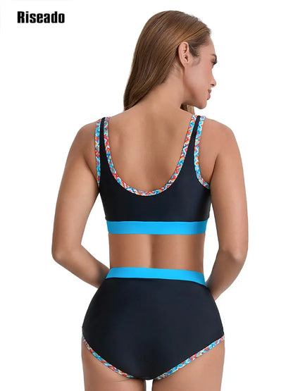 Women's High Waisted Bikini Sets Sporty Two Piece Swimsuits Color Block Bathing Suits