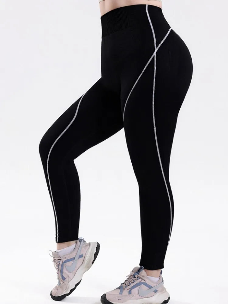 XL-4XL Plus Size Sports Pants Lines Lifting Buttocks Sports Tight Pants Women High Waist Elastic Fitness Running Yoga Pants