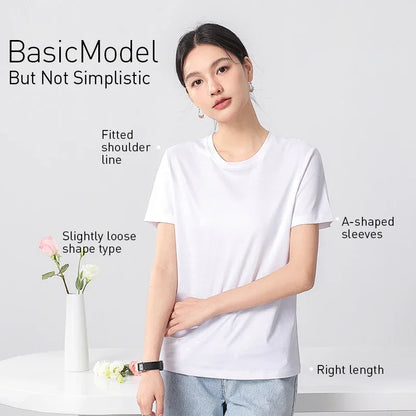 10% Silk & Mercerized Cotton Women T-shirt Luxury Tee Short Sleeve Silky Feeling Summer Wear Tops V / O-neck