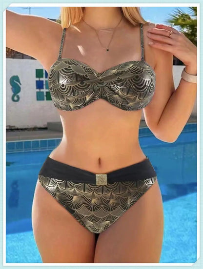 Metallic Stitch Strap Bikini  Women Push Up Gold print Swimsuit Female High Waist Swimwear Bathers Bathing Suit Beachwear