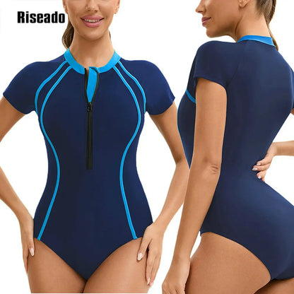 One Piece Swimsuit Mock Neck Zipper Short Sleeve Bathing Suit for Athletic beach clothes for lady