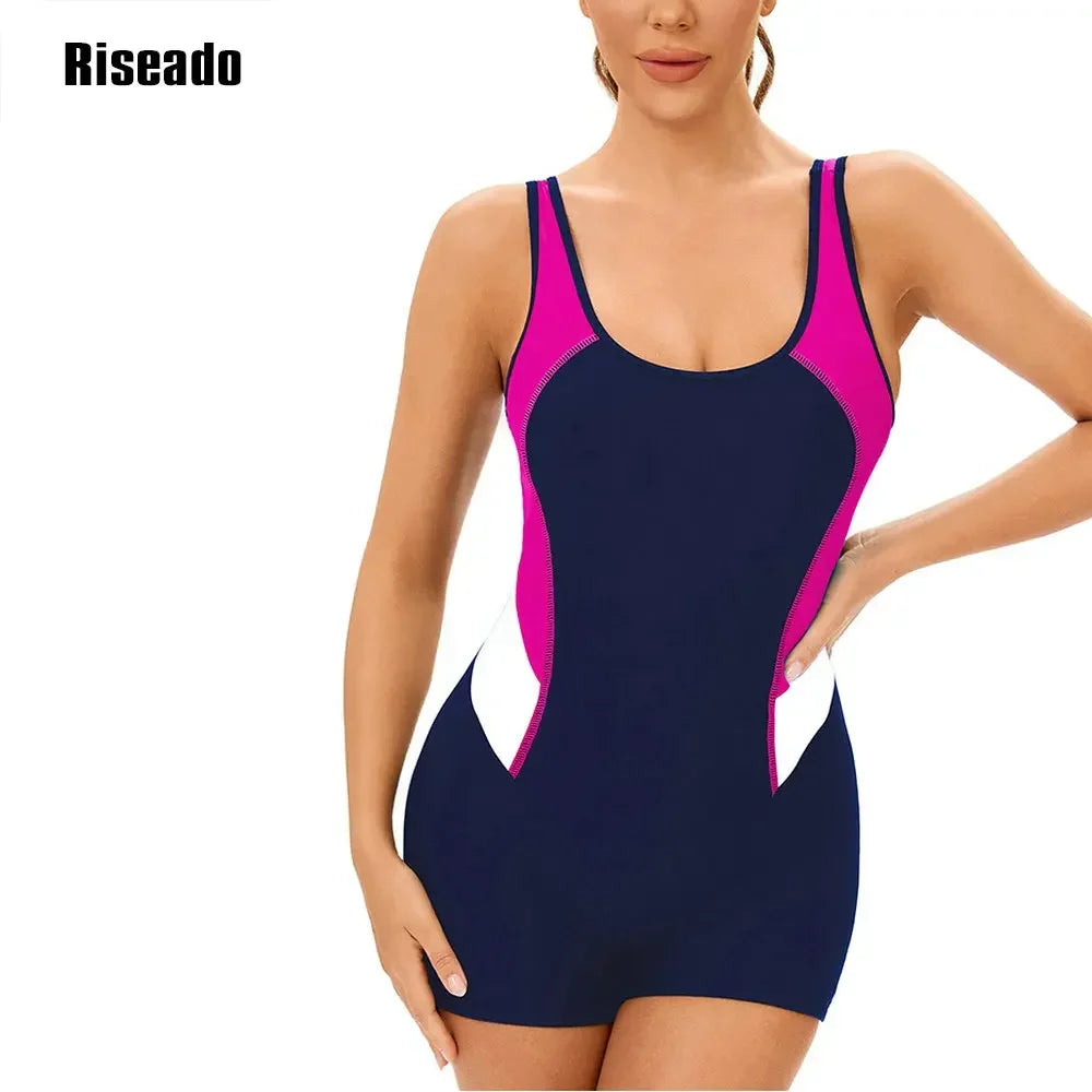Women's Sport Beachwear One Piece Slimming Bathing Suit Splice Leg suit Korean Swimsuit for Pool Swimming
