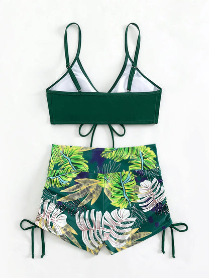 Drawstring Front Shorts Bikinis High Waist Swimsuit Women Swimwear Female Bathers Bathing Swimming Swim Suit Beachwear