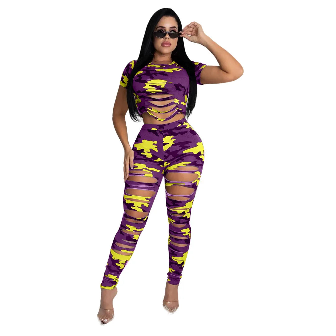 Wmstar Women Two Piece Set Summer Sport Fashion Casual Ripped Sweatshirt Sweat Camouflage Print Pant Sets Outfit Tracksuit