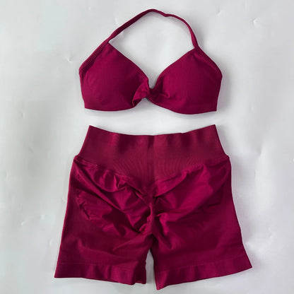 2PCS Gym Set Women Strappy Yoga Bra Top High Waist Workout Scrunch Shorts Sports Suit Seamless Yoga Set Fitness Clothes