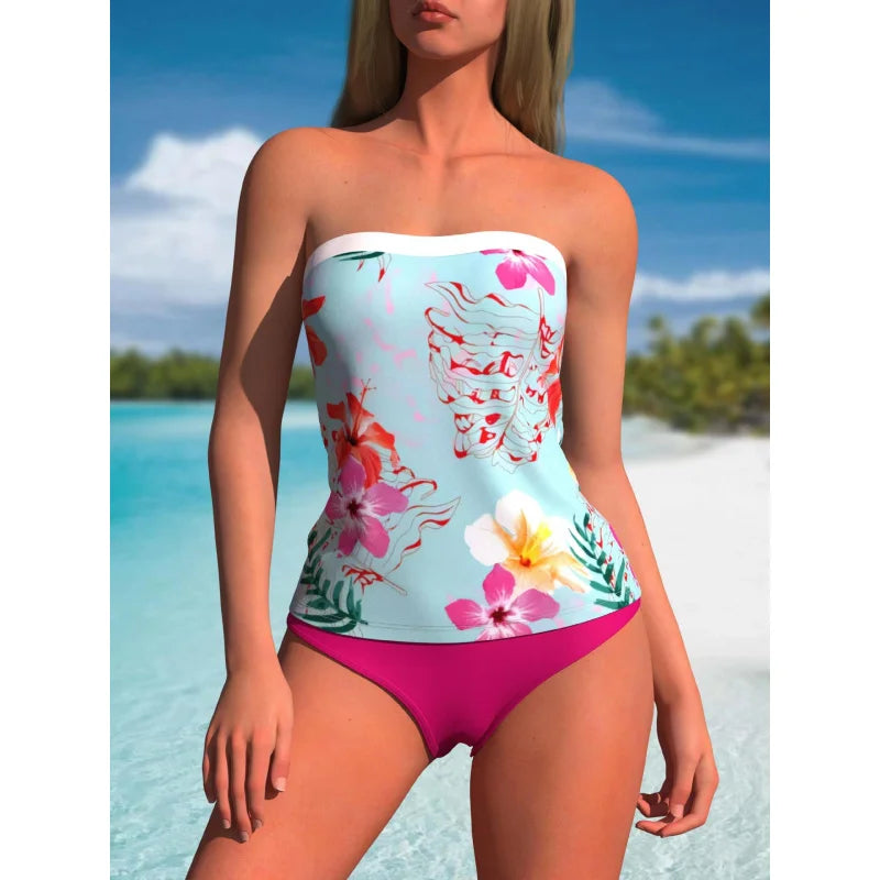 Women's Strapless Two-Piece Swimsuit In Stock Tankini Swimwear Tummy Control