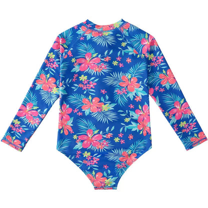 European And American Style Girls One-piece Swimsuit 4-12Years Kids Long Sleeves Broken Flowers Print Bathing Suit