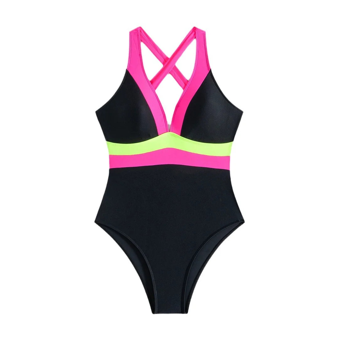 S - XL Splicing V Neck Cross Back Women Swimwear One Piece Swimsuit Female High Cut Leg Padded Bather Bathing Suit Swim