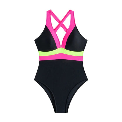 S - XL Splicing V Neck Cross Back Women Swimwear One Piece Swimsuit Female High Cut Leg Padded Bather Bathing Suit Swim