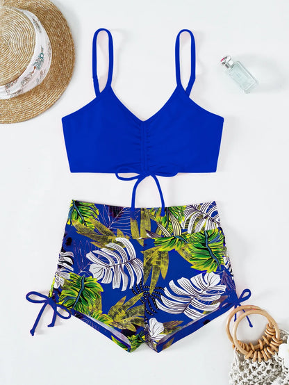Drawstring Front Shorts Bikinis High Waist Swimsuit Women Swimwear Female Bathers Bathing Swimming Swim Suit Beachwear