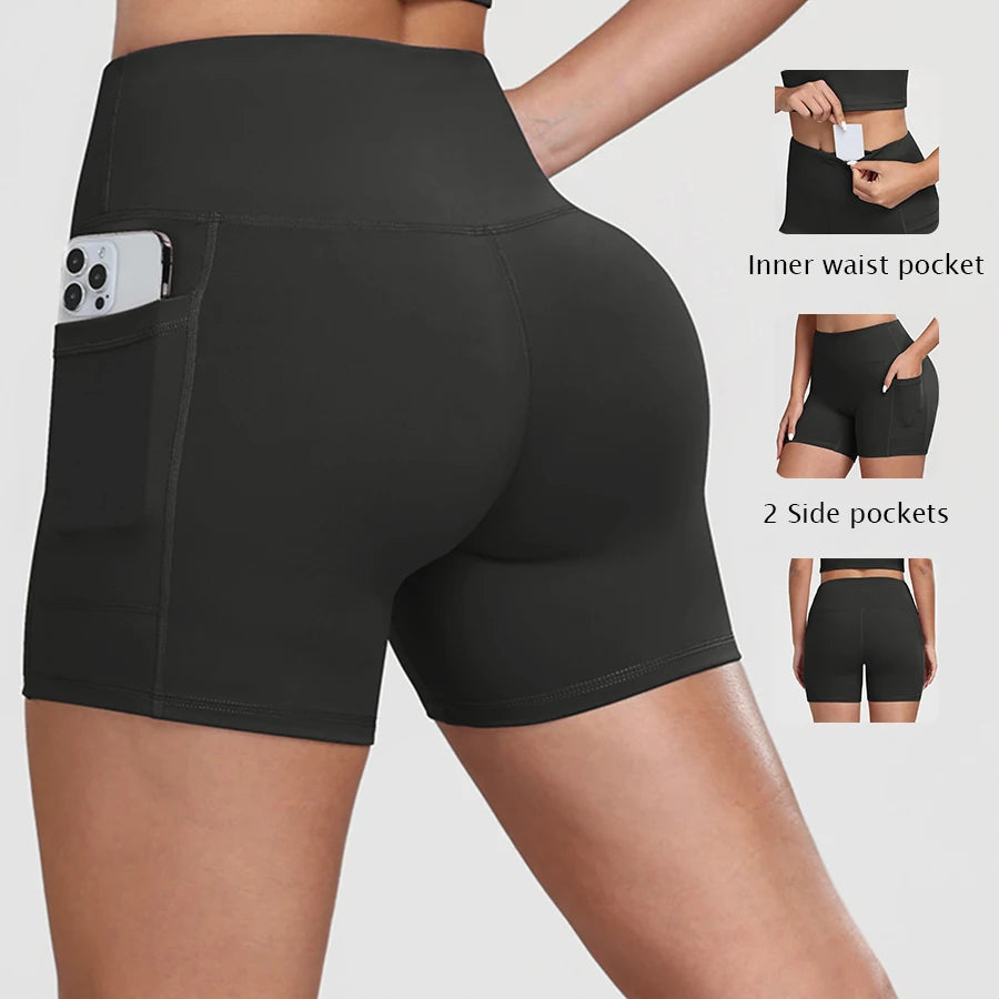 Women Yoga Shorts with Pockets Inner Waist Pocket Tummy Control Butt Lifting Workout Tights Gym Elastic Biker Shorts Activewear
