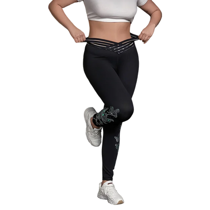 Plus Size Women's Legging Rhinestone Butterfly Pattern Stretch Pants V-Waist Knit Fashion Casual Sporty Comfort Trousers
