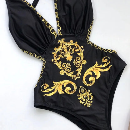 One Piece Swimsuit Swimwear Women Black Vintage Retro Print Deep V-neck Bathing Suit Beachwear Cross Back Straps