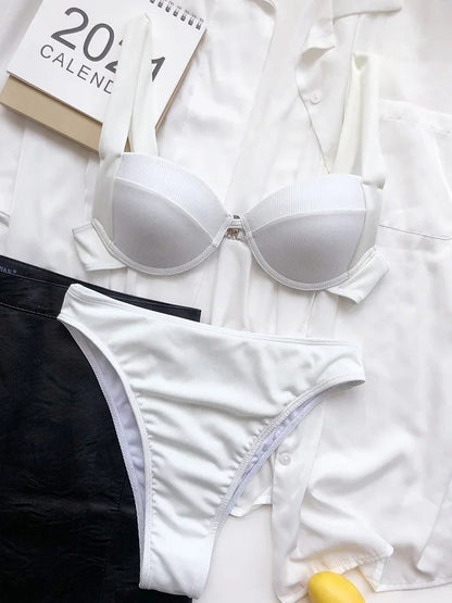 Ribbed Bra Cup High Waist Bikini Women Swimsuit Female Swimwear Two Pieces Bikini set Push Up Bather Bathing Suit Swim Lady